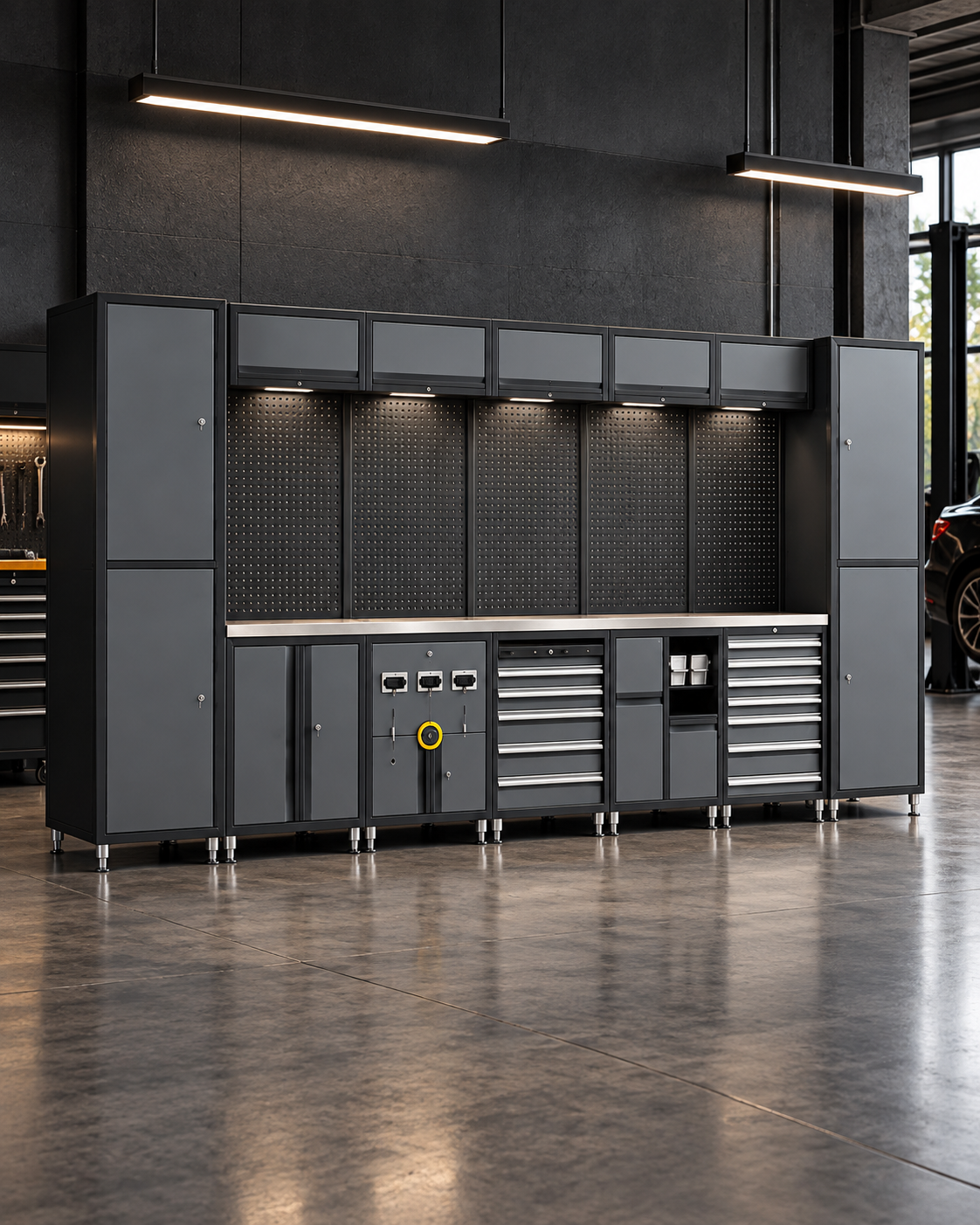 Modular charcoal steel tool cabinets with overhead storage, pegboards and a stainless steel worktop in a workshop