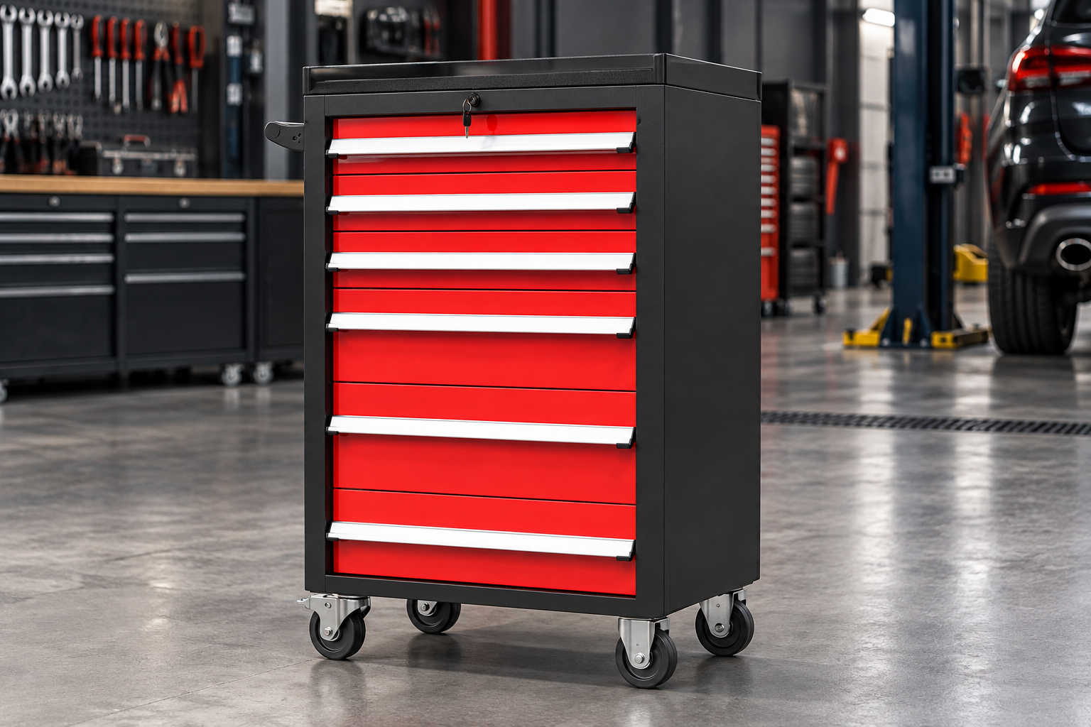 Red and black six-drawer tool cart with caster wheels in an automotive workshop