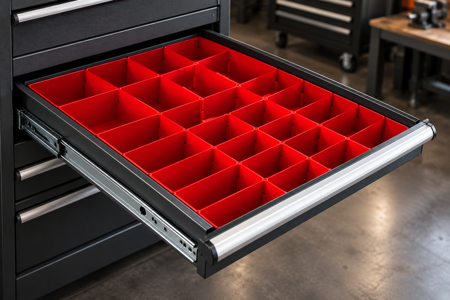 Open steel tool cabinet drawer with red compartment dividers and a silver handle