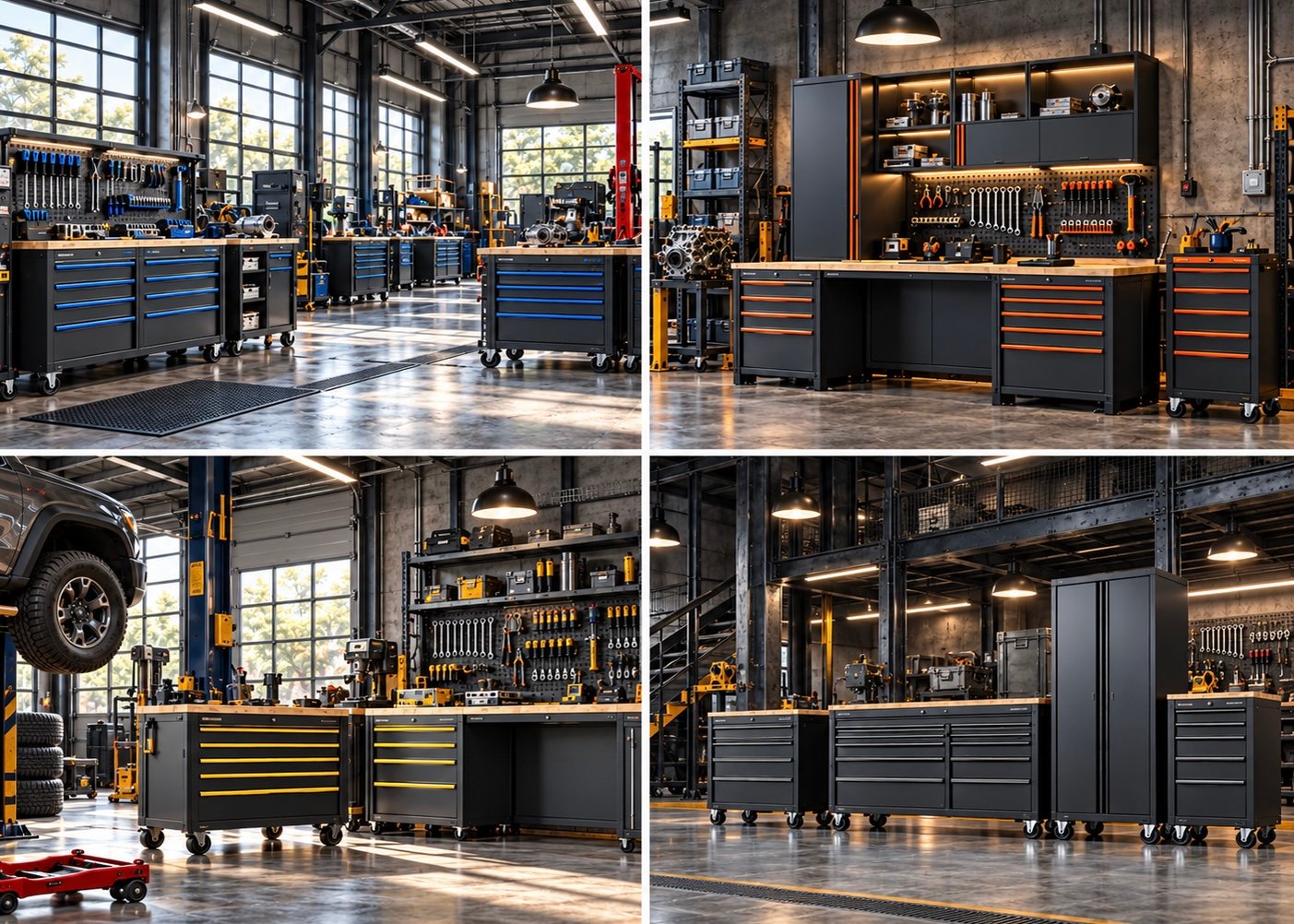Tool storage cabinets, rolling tool carts and workbenches in industrial workshops and automotive garages.